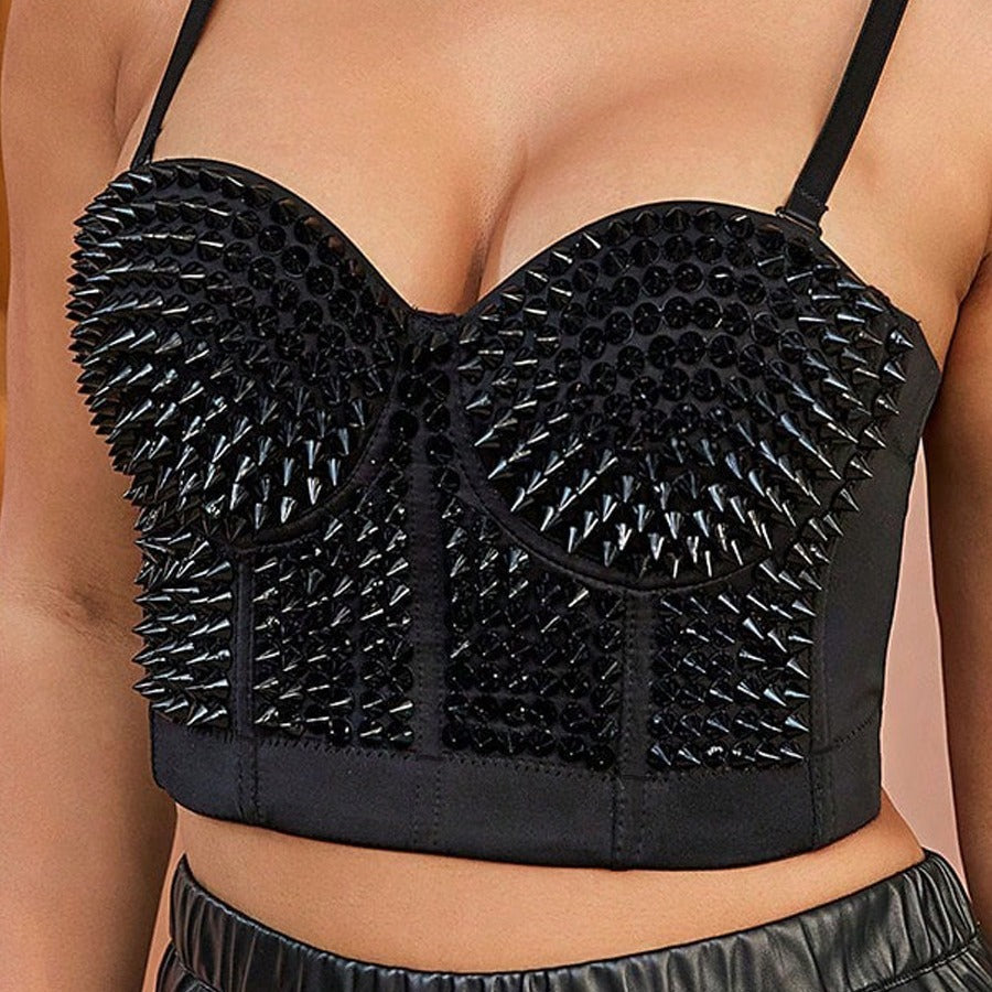 Studded Spaghetti Strap Rhinestone Bustier Style Crop Top Festival Fashion