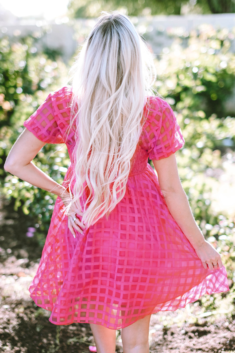 Strawberry Pink Checkered Puff Sleeve Babydoll Dress