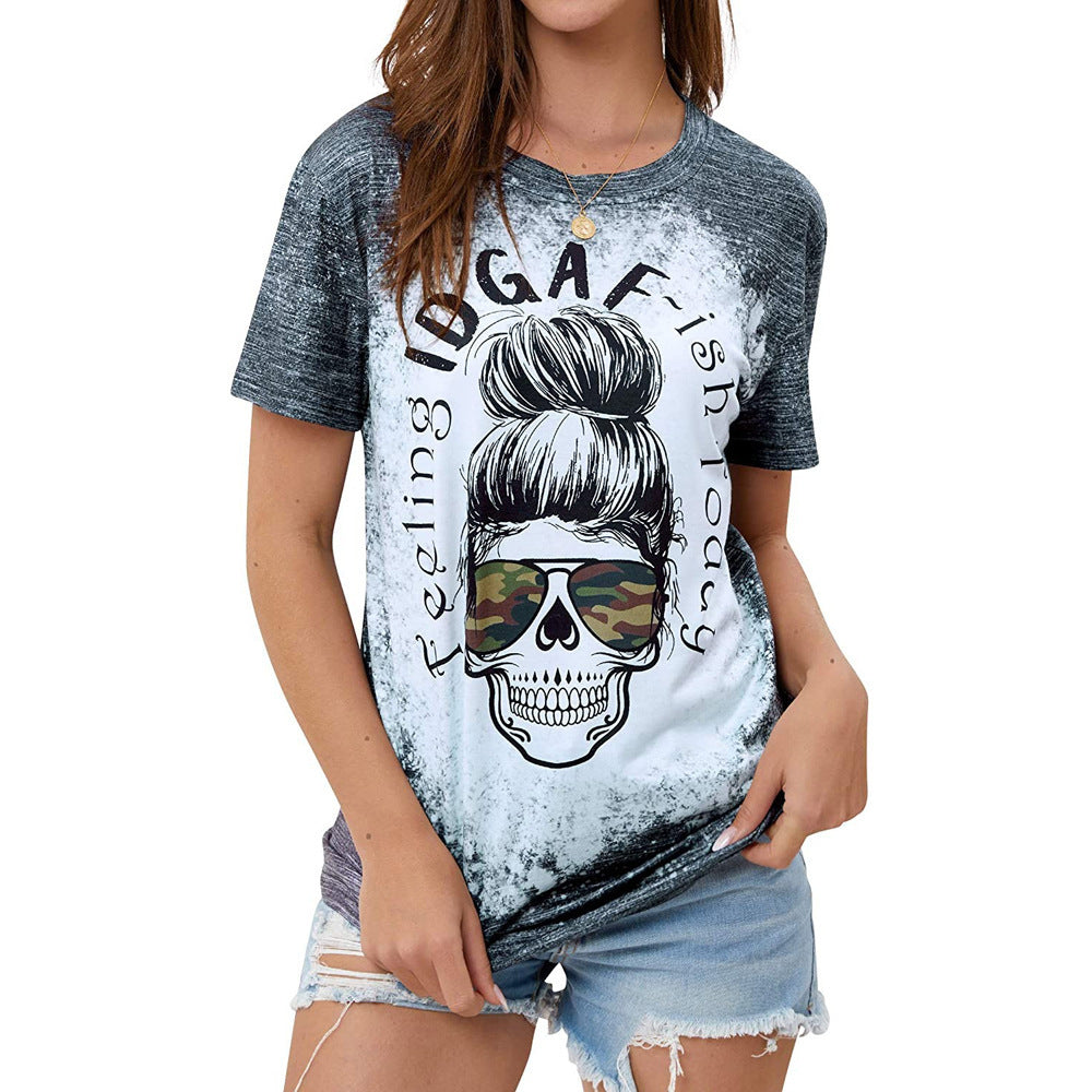 Skull Print Camo Sunglasses Funny Crew Neck Short Sleeve Graphic Print Tee Shirt