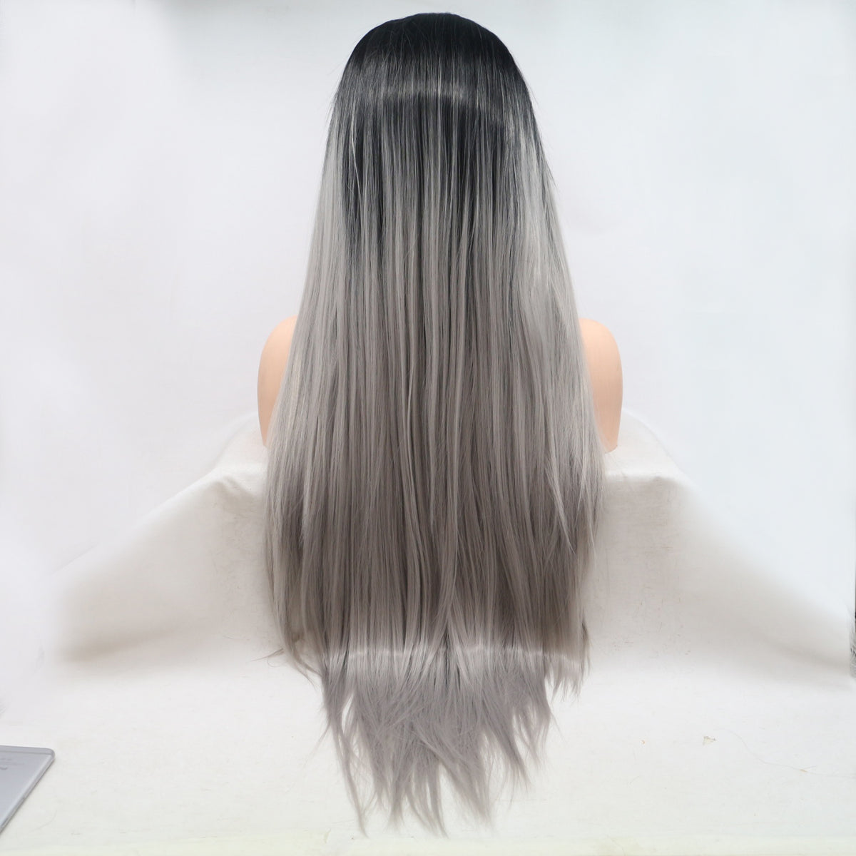 13x3" Lace Front Wigs Synthetic Long Straight 24" 130% Density Black to Gray Ombre