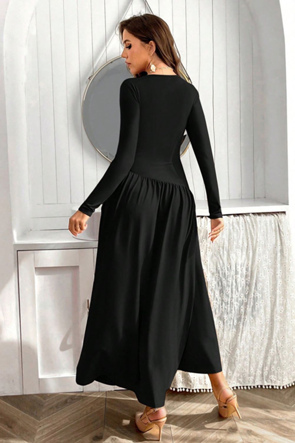 Ruched Round Neck Long Sleeve Dress