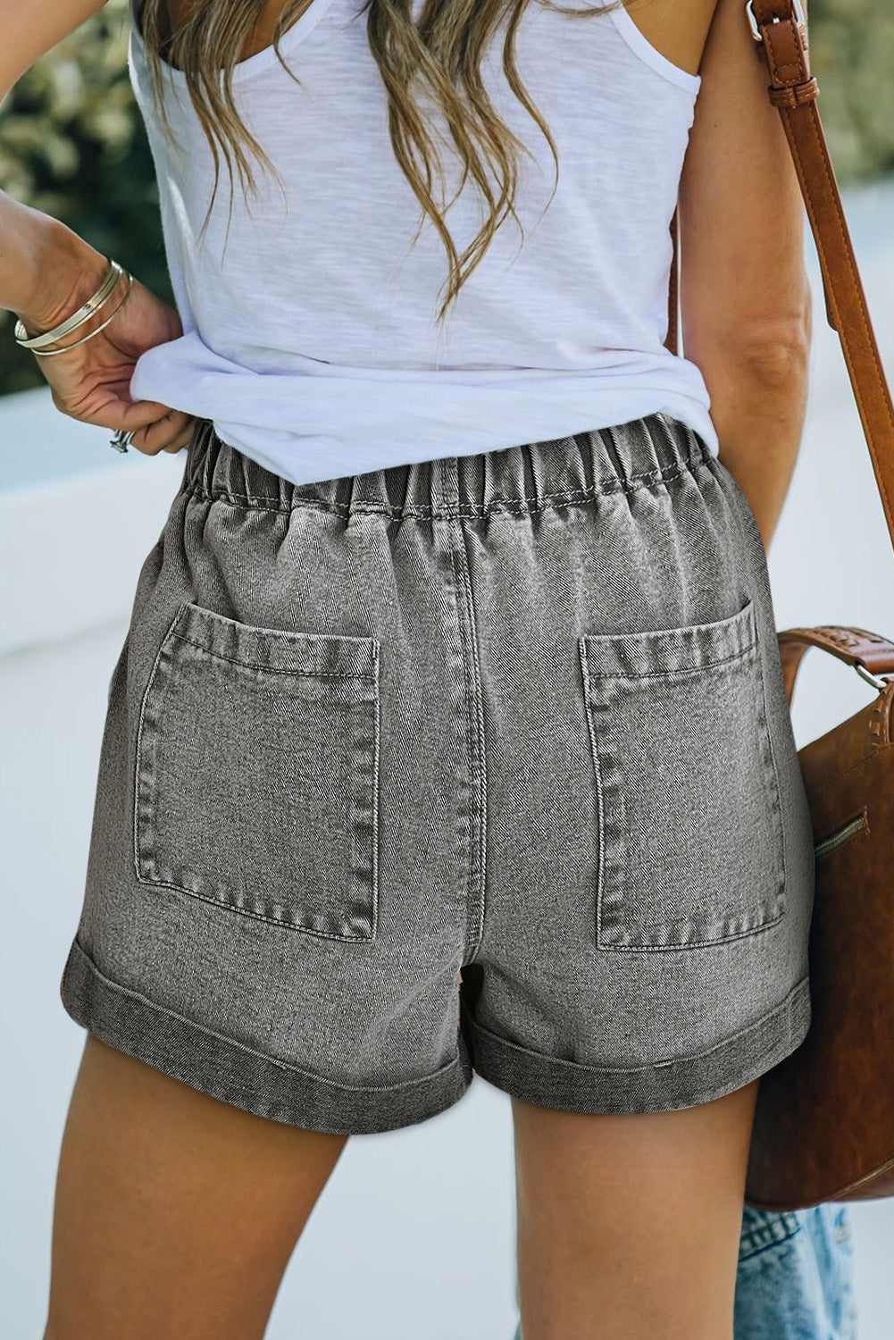 Black Pocketed Drawstring High Waist Denim Shorts