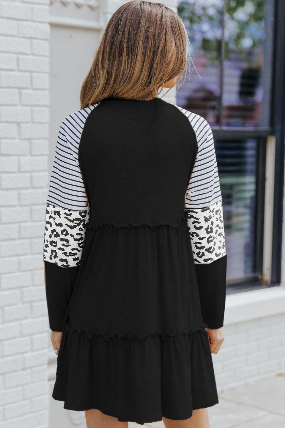 Black Striped Leopard Patchwork Pleated Long Sleeve Dress