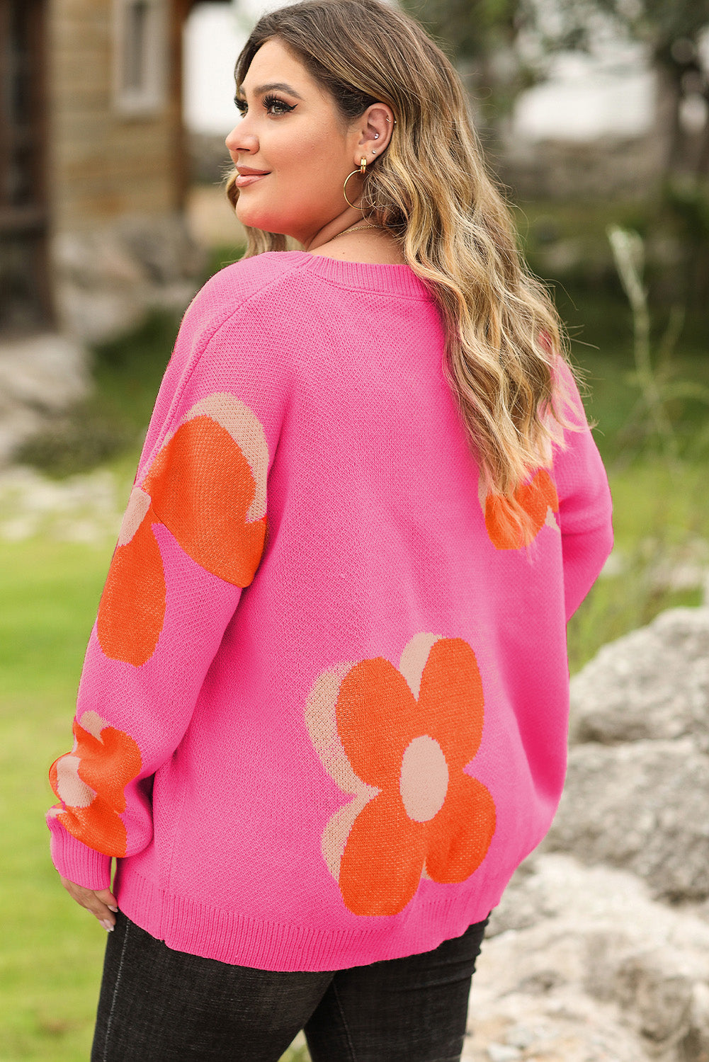 Camel Flower Pattern Slouchy Sweater