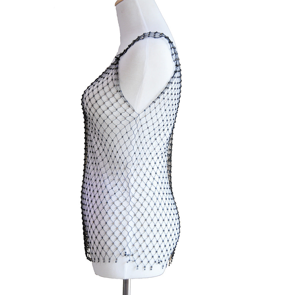 Mesh Chainmail Look Rhinestone Studded Fishnet Tank Top Sexy Sheer Festival Fashion