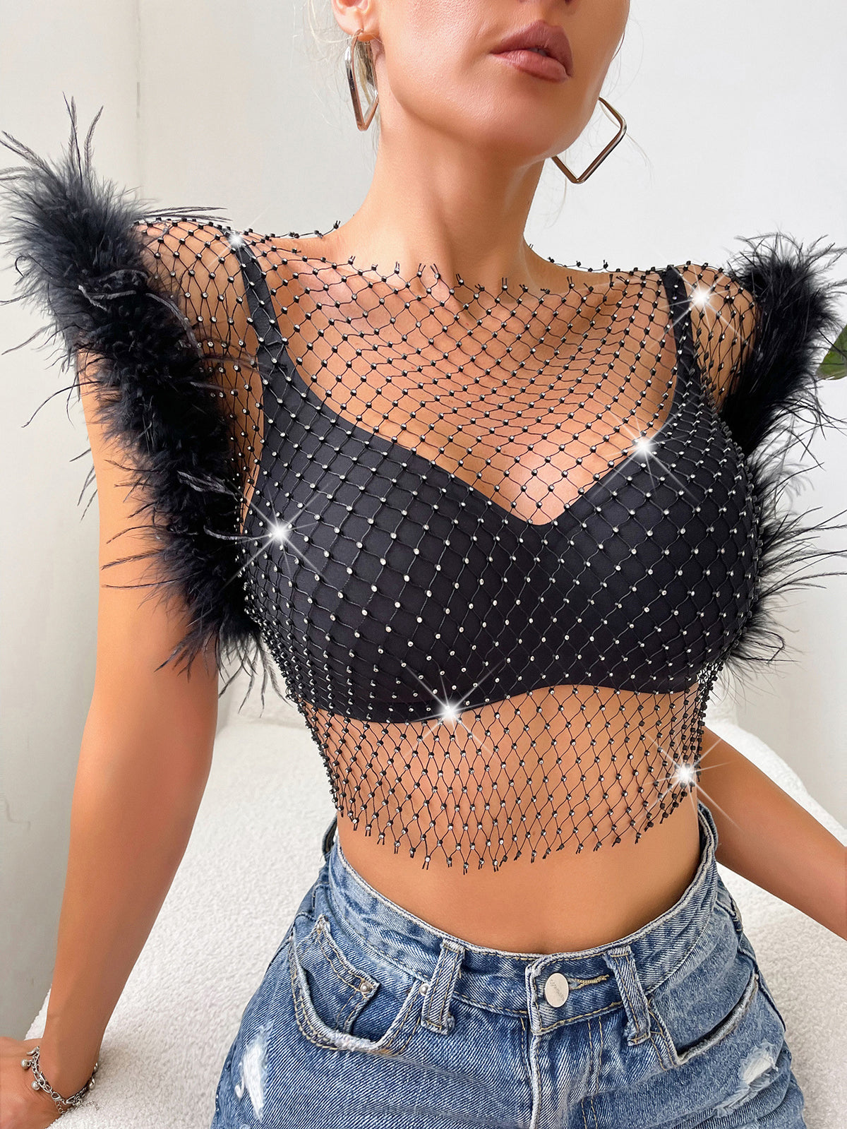 Slim-fit Diamond Style Super Shiny Ostrich Fur Rhinestone Fishnet Festival Top