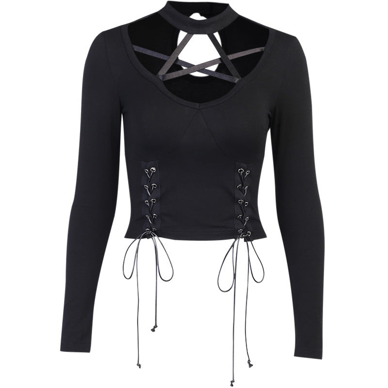 Pentagram Pattern Strappy Long Sleeve Lace Up Style Top