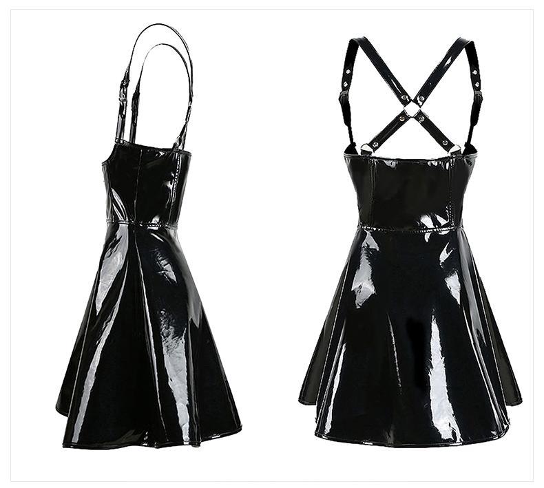 Sexy Nightclub PVC Suspender Front Style Criss Cross Back Mini Dress