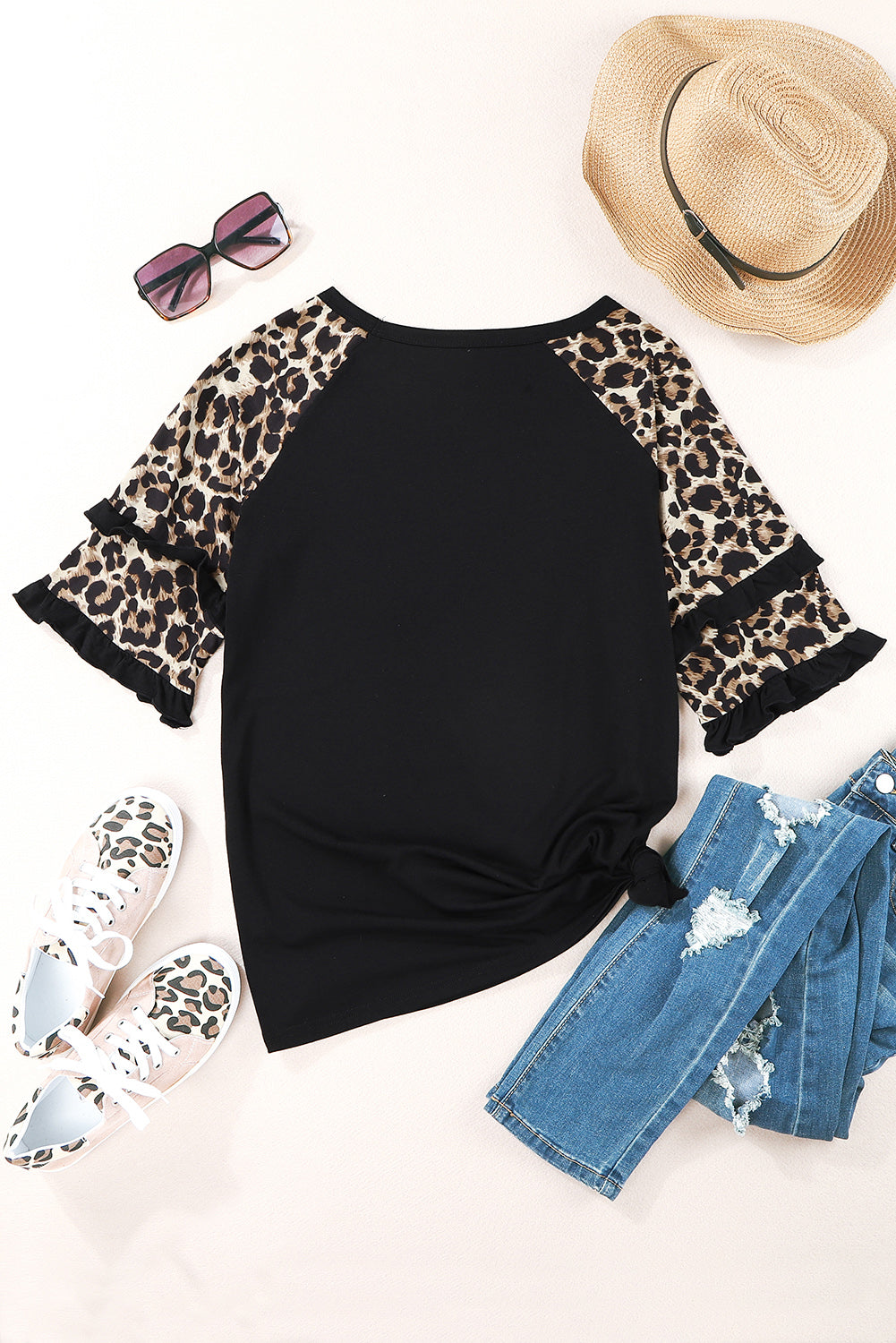 Black Casual Ruffled Leopard Sleeve Patchwork T-Shirt