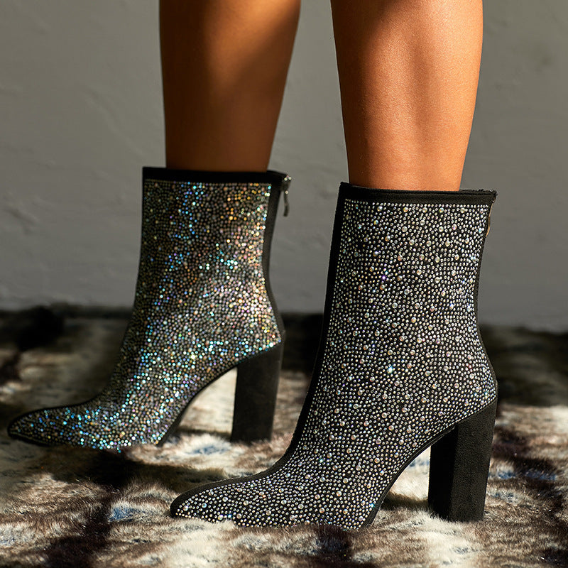 Rhinestone Studded High Heel Ankle Boots