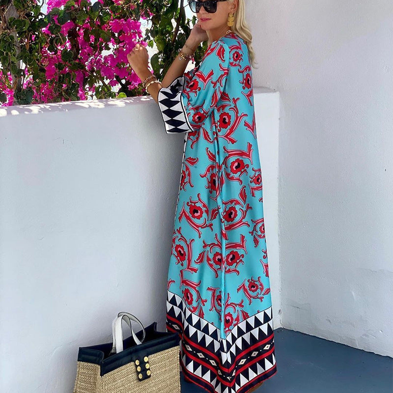 Ultra Bohemian Summer Slay Vacation Floral And Abstract Check Print Oversized Maxi Dress