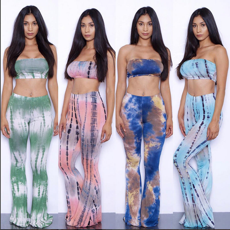 Tie Dye Bandage Tube Top And Flared Leg Pants Two Piece Outfit Sets