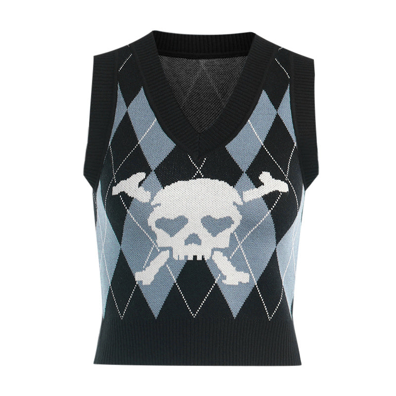 Printed Preppy Skull And Crossbones Punk Rock Fashion Sweater Vest