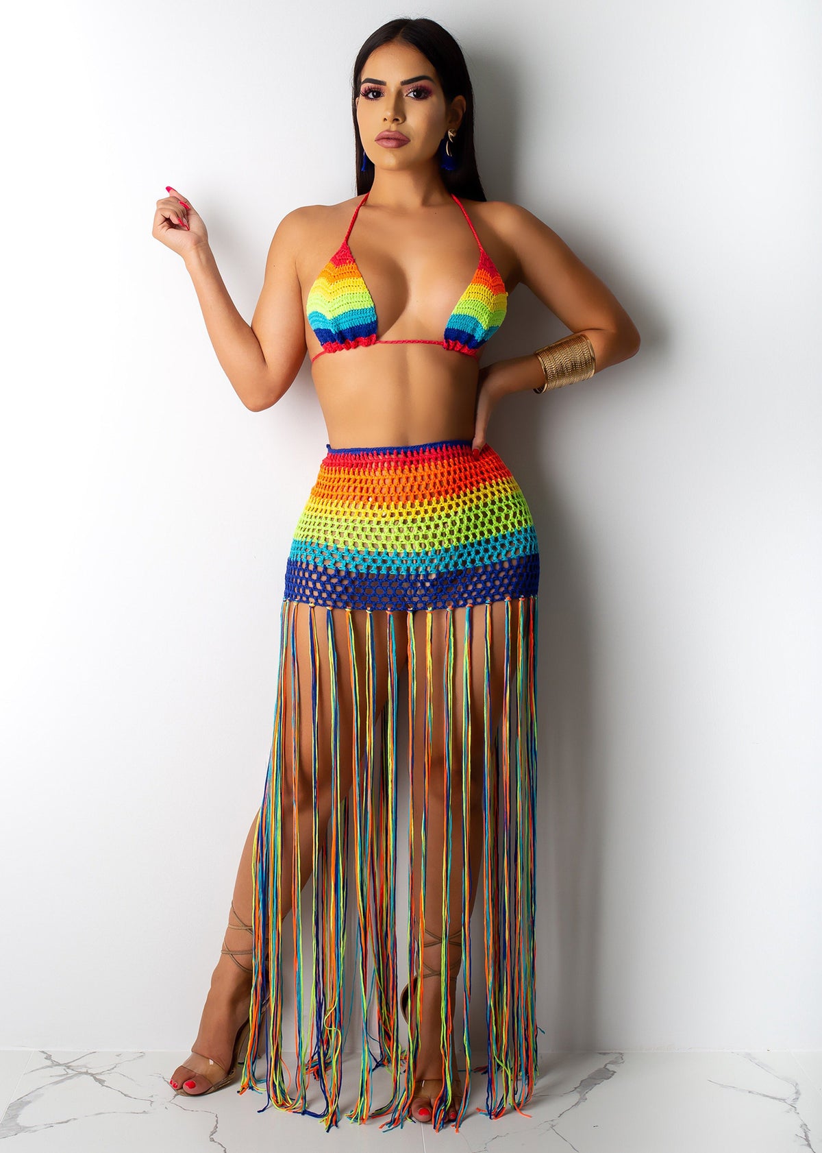 Rainbow Crochet Bikini Top And Tassel Fringe Skirt Sexy 2 Piece Outfit Swimwear Set