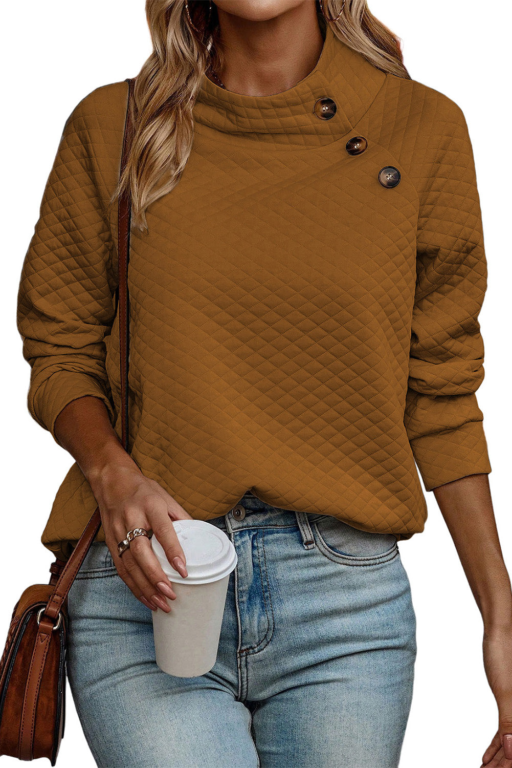 Rose Quilted Buttoned Neckline Stand Neck Pullover Sweatshirt