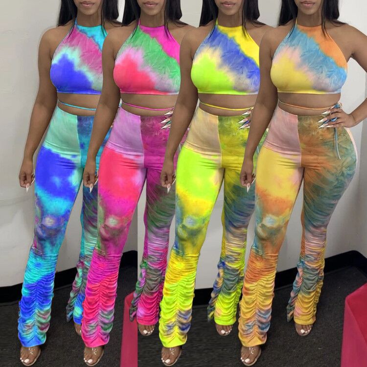 Two-piece Thin Fabric Tie Dye Print Crop Top And Rouched bottom Leggings Two Piece Outfit Set