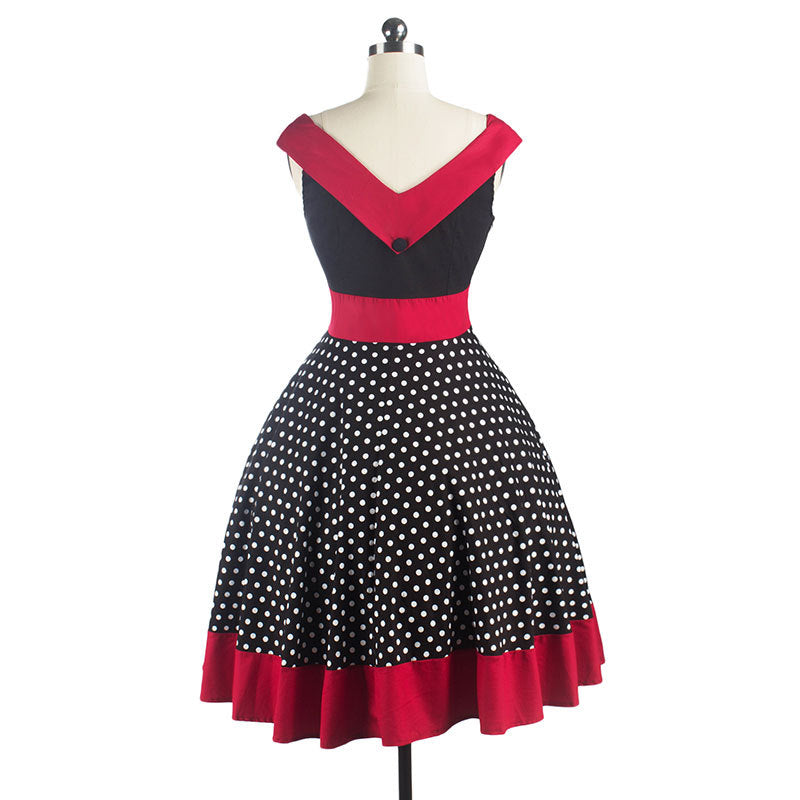 Hepburn Style Cap Sleeve Polka Dot Red Trim Dress