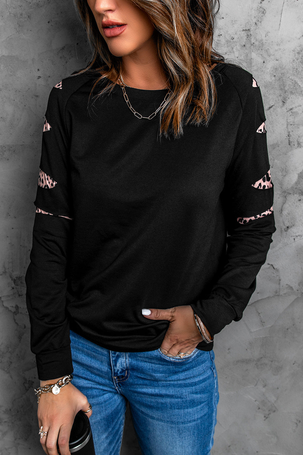 Black Leopard Print Distressed Raglan Sleeve Graphic Sweatshirt