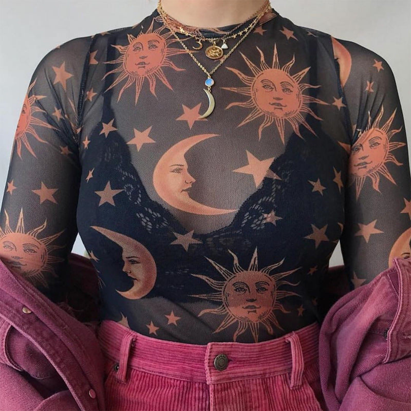 Sun Moon and Stars Printed Sheer Mesh T-shirt