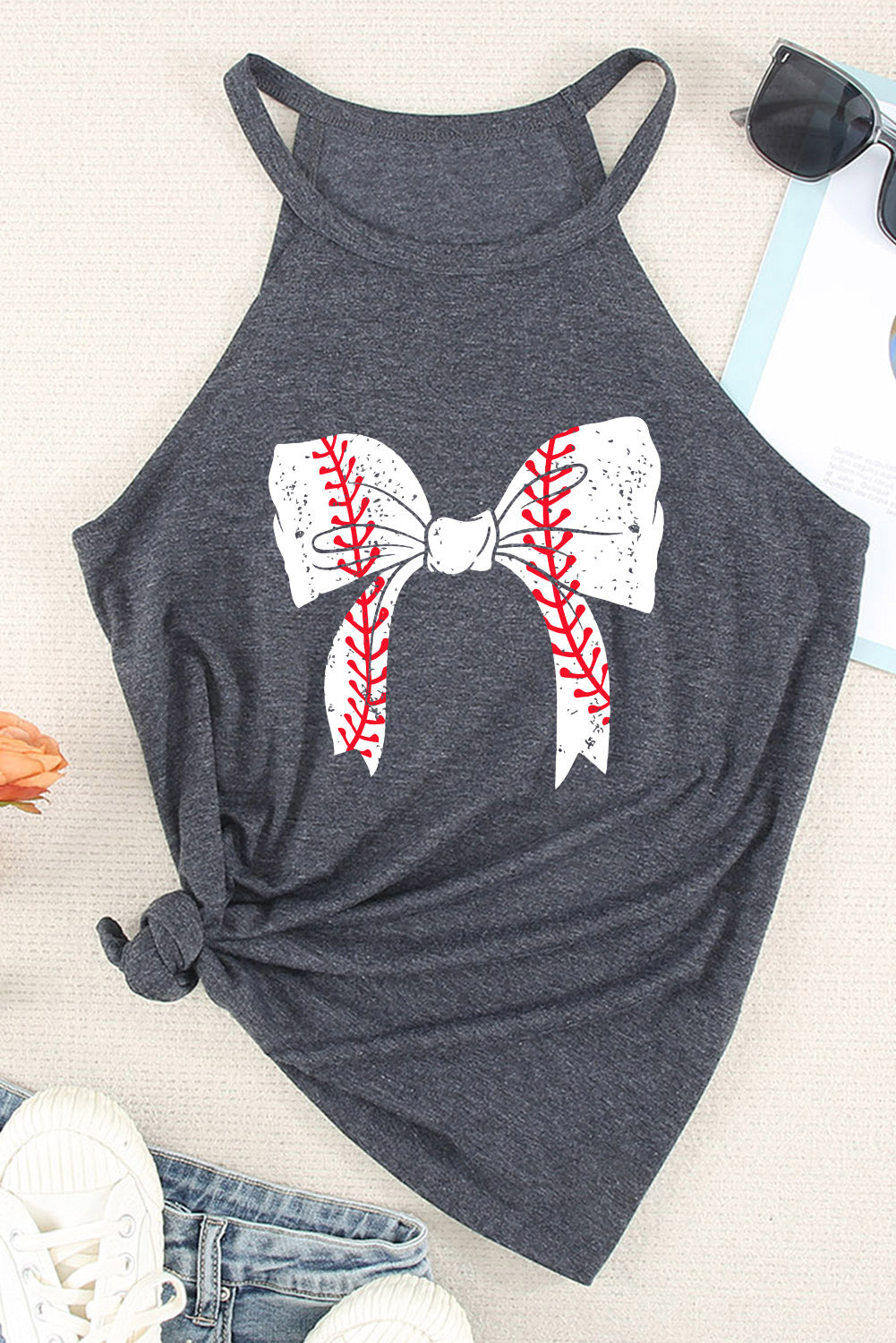 Blue Baseball Bow Knot Graphic Halter Crew Neck Tank Top