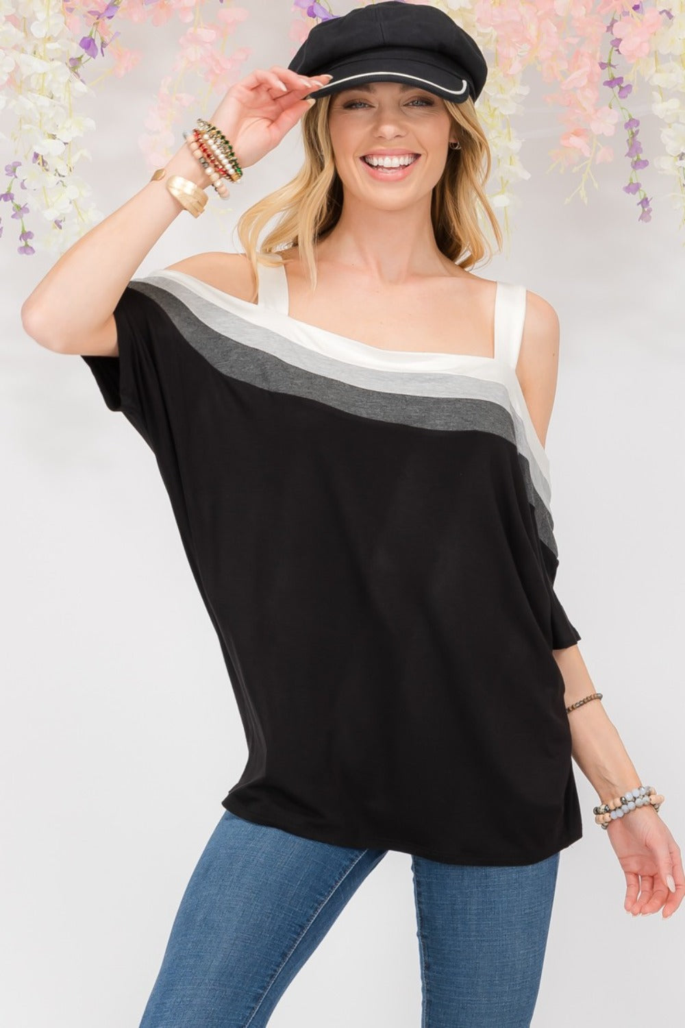 Title: Celeste Full-Size Striped Cold Shoulder Top