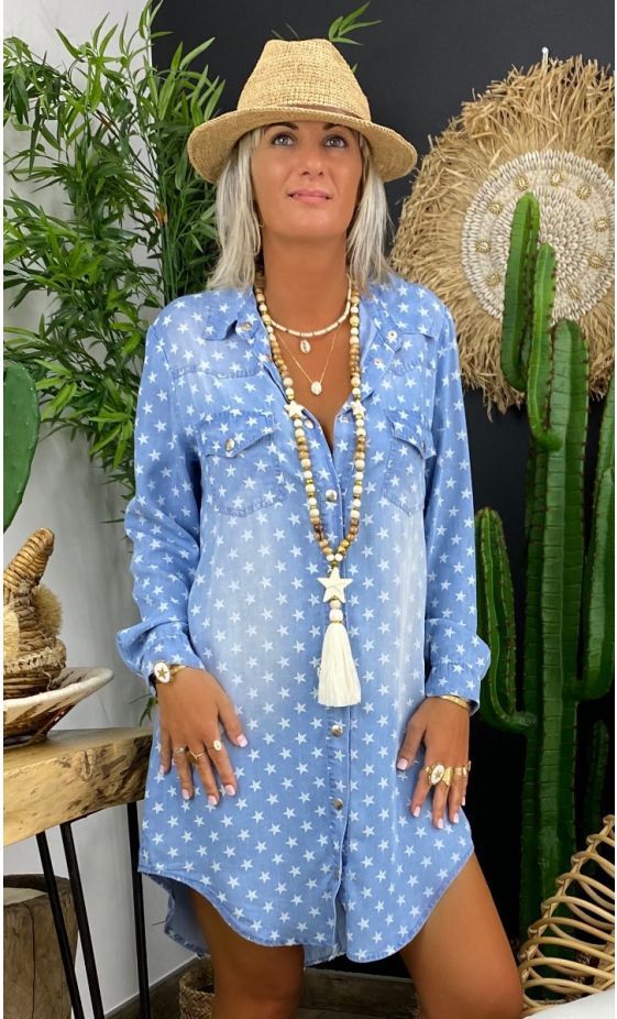 All Over Star Print Faded Denim Shirt Dress