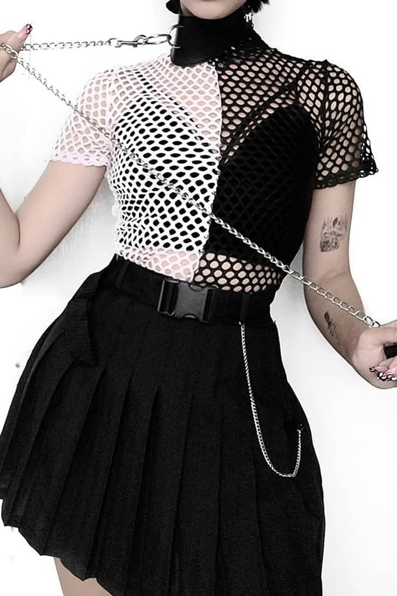 Black And White Color Block Mesh Round Neck Fishnet Sheer Split Color Top T-shirt