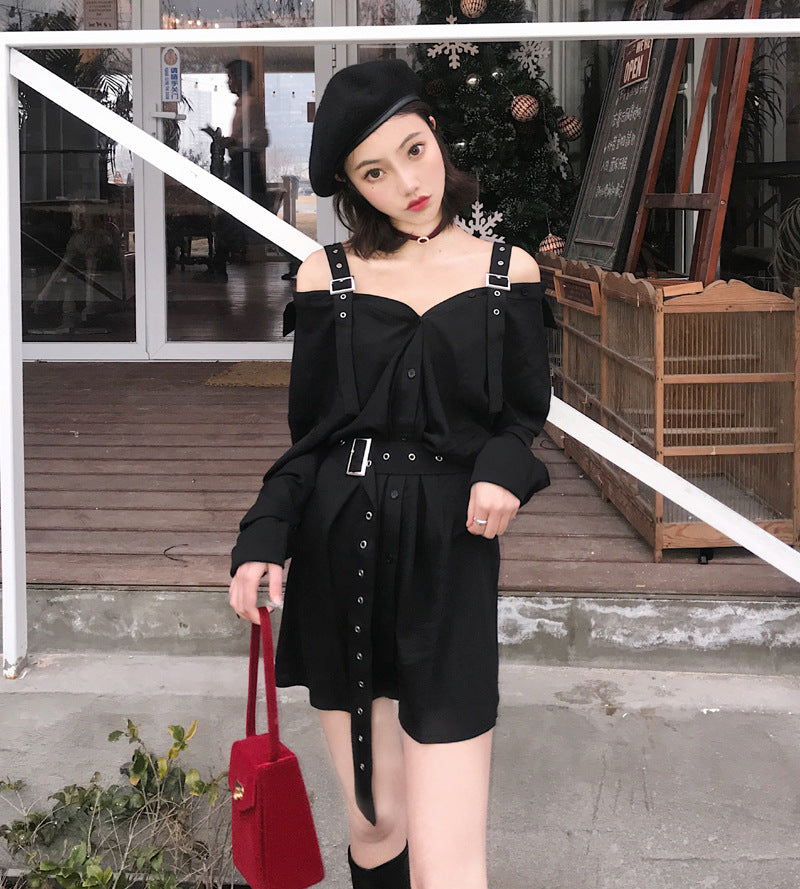 Gothic Buckle Belt Off The Shoulder Shirt Dress