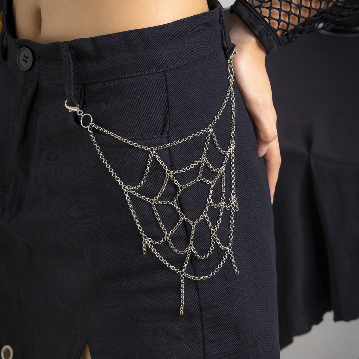 Sweet Cool Hot Girl Style Chain Body Clothing Chain Gothic Style Punk Spider Mesh Phants Zipper