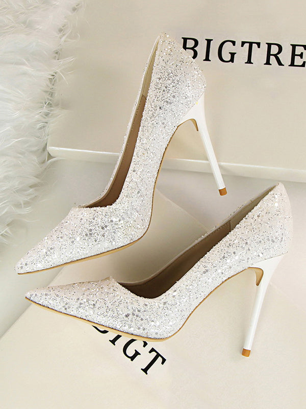 Pointed-Toe Sequined Shallow Cut Pumps