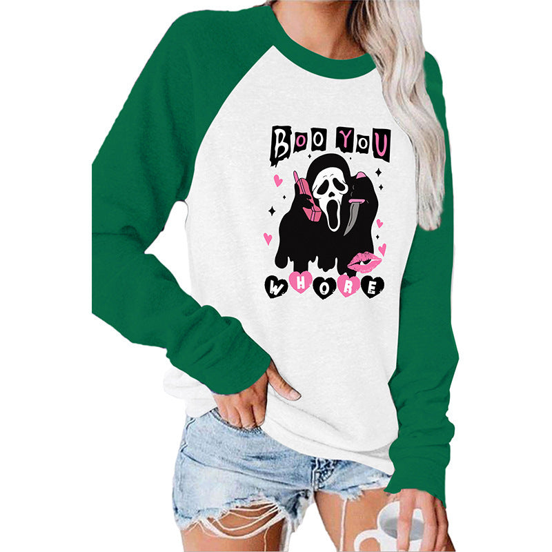 Boo You Horror Round Neck Long Sleeved Graphic Print Tee Shirts