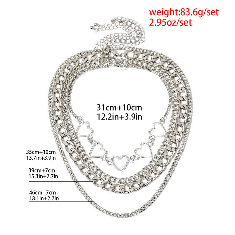 Geometrical Hollow Heart Layered Chain Necklace