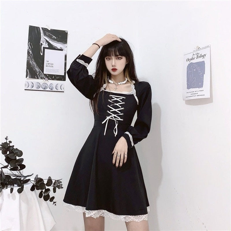 Dark Sailor Girl Ribbon Adorned Lace Up Delicate Lace Detailed Goth Rocker Dress