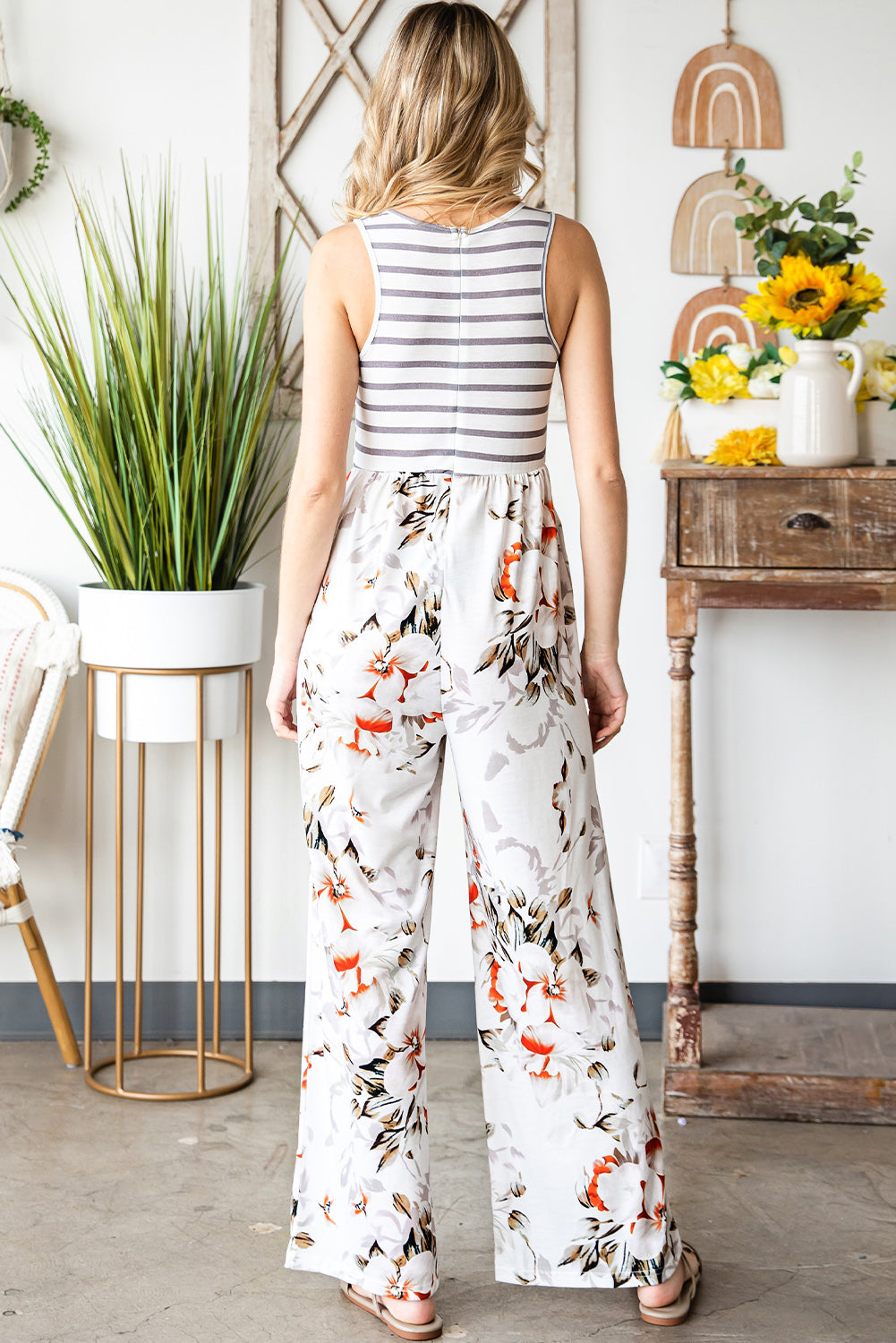 White Striped Floral Pocket Sleeveless Jumpsuit With Pockets