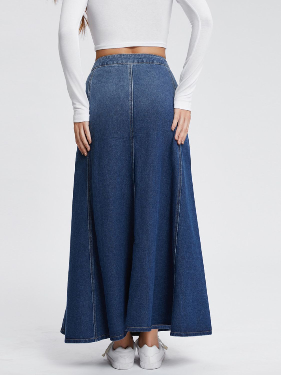 Button-Fly Hight Rise Flare Denim Maxi Skirt