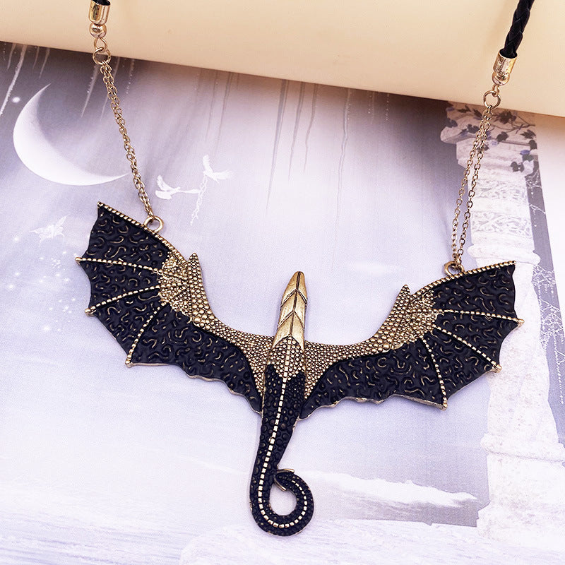 Fashion Rock Pterosaur Ancient Gold Alloy Pendant Halloween Leather Rope Bat Statement Necklace