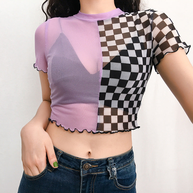 Split Design Punk Rock Checkered Cropped Sheer Mesh Crop Tops