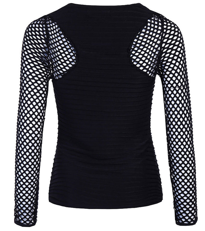 Punk Rock Style Long Sleeved Fishnet Sleeve Slim Fit Top