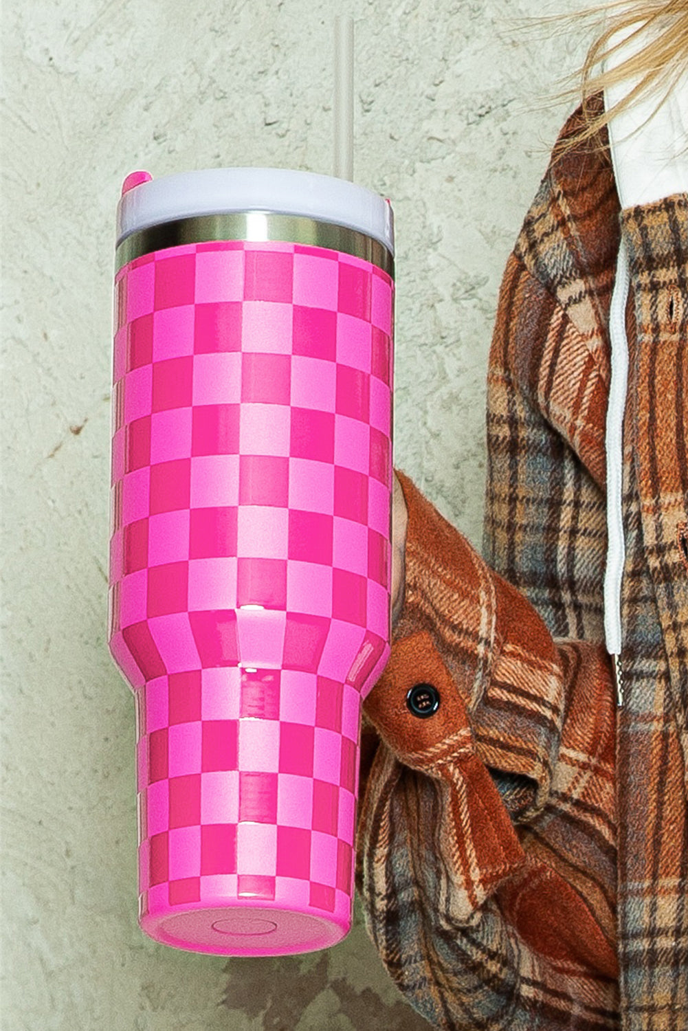 Black Pink Checkered Print Handled Stainless Steel Tumbler Cup