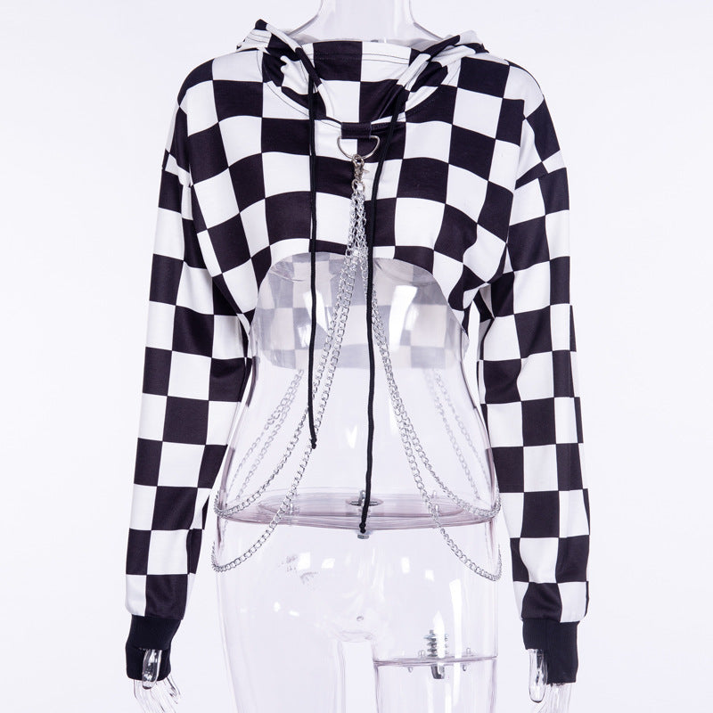 Checkered punk crop hoodie sweatshirt