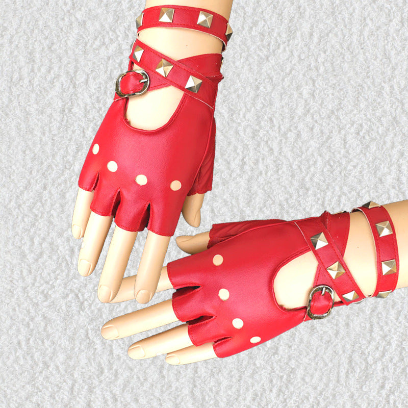 Punk Rock Fingerless Wrist Strap Wrap Cosplay PU Gloves