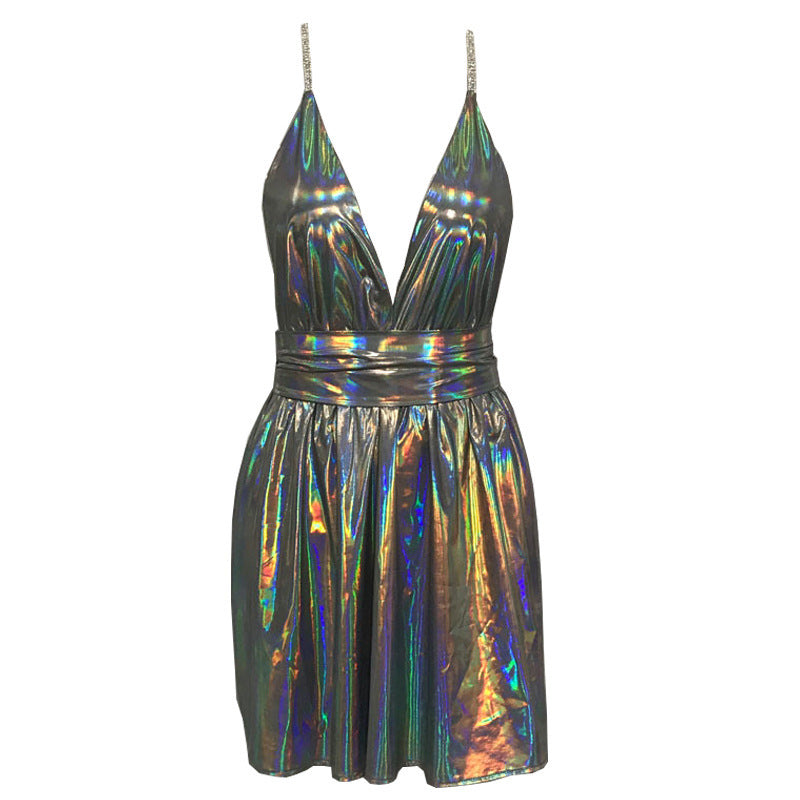 Sexy Metallic Deep V Neck Criss Cross Strap Back Festival Fashion Mini Dress