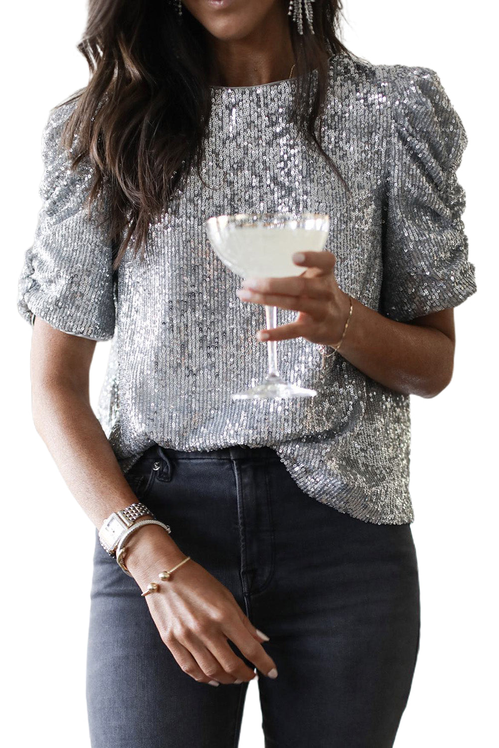 Silvery Ruched Puff Sleeve Sequins Top