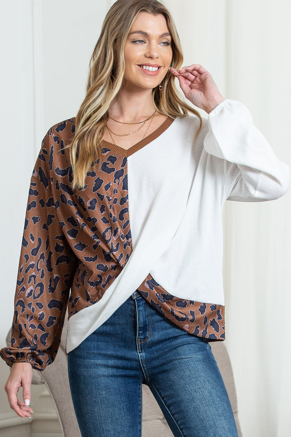 Brown Leopard and Waffle Knit Patchwork Long Sleeve Top