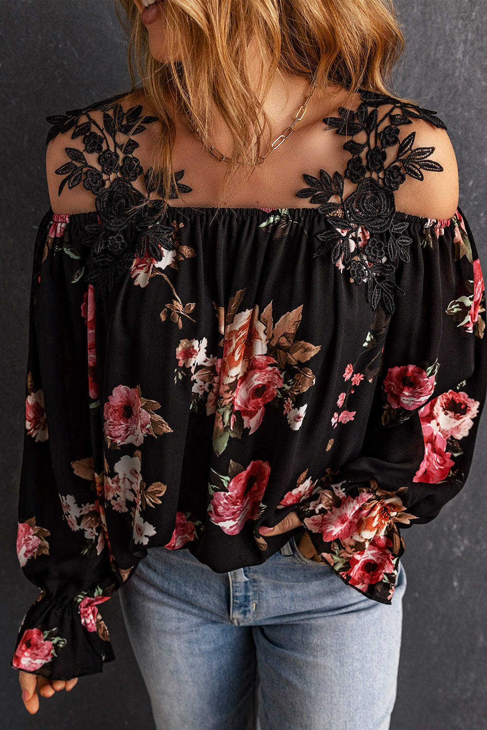 Black Floral Print Lace Patchwork Loose Off Shoulder Blouse