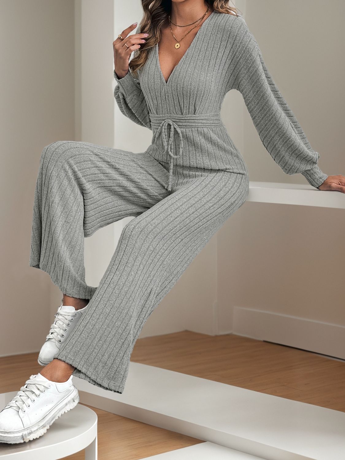 V-Neck Long Sleeve Wide Leg Jumpsuit