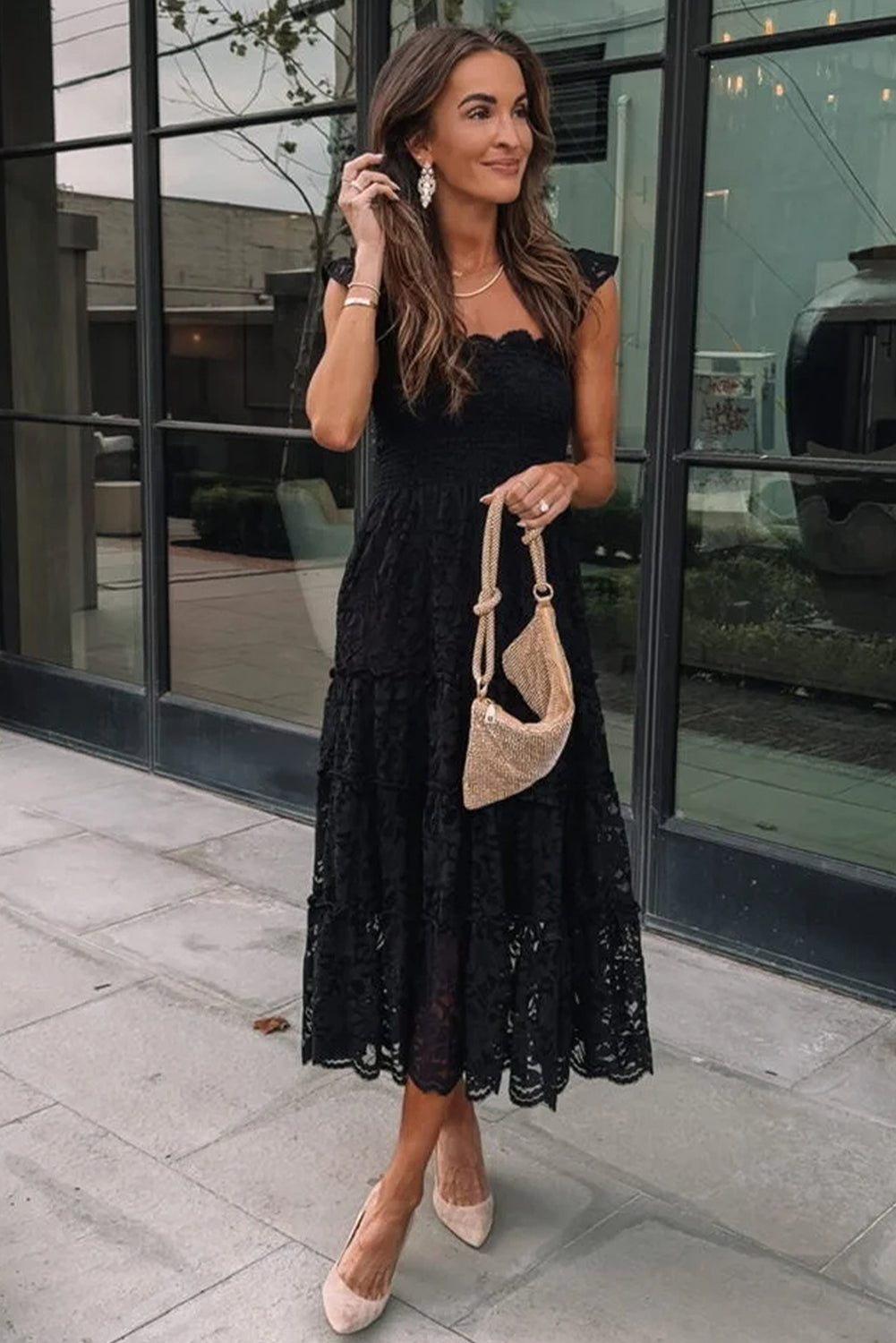 Black Lace Smocked Bodice Sleeveless Midi Dress - Elegant Women's Cocktail Dress