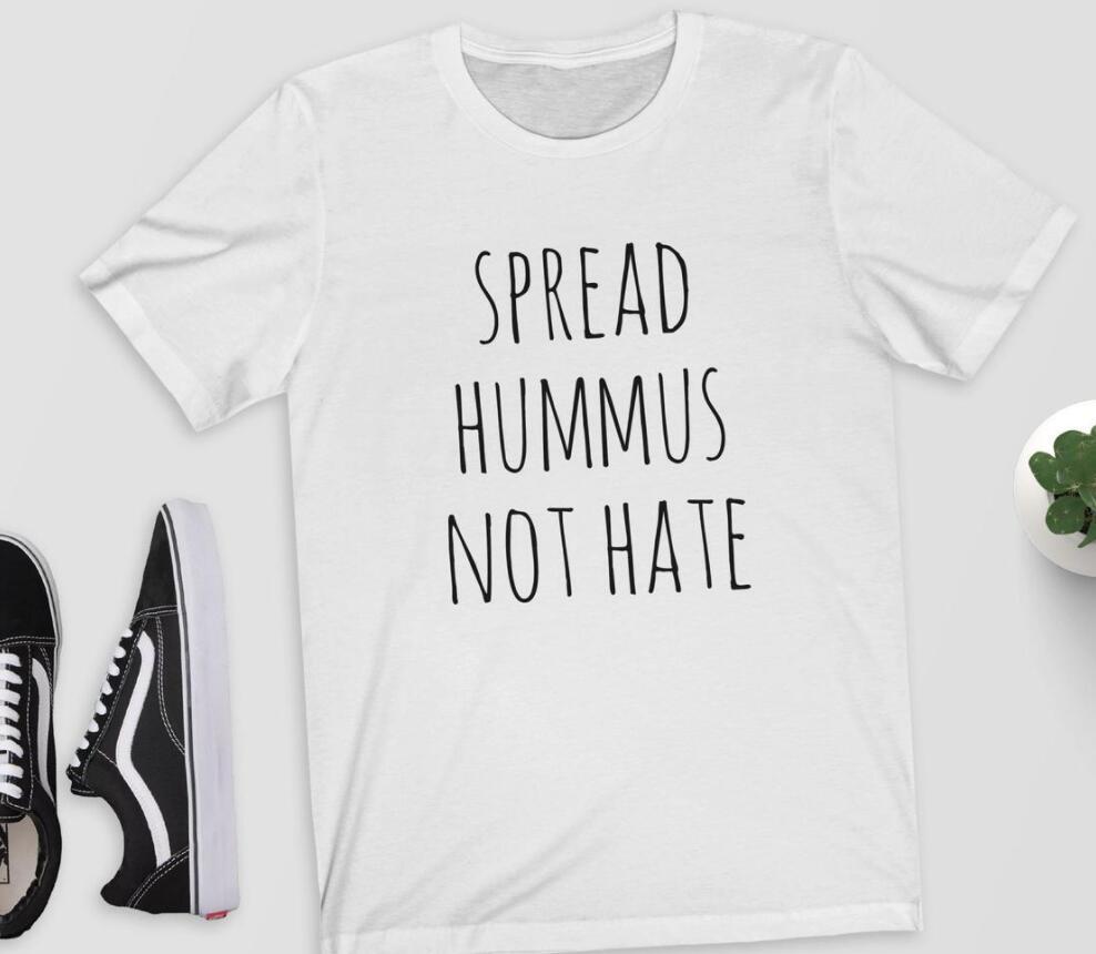 Spread Hummus Not Hate Slogan Round Neck Graphic Print Short Sleeved Tee Shirt