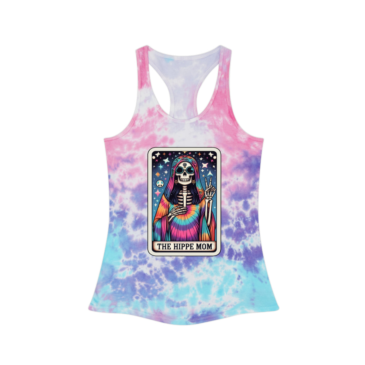 The Hippie Mom - Funny Skeleton Tarot Card Print - Tie Dye Racerback Tank Top