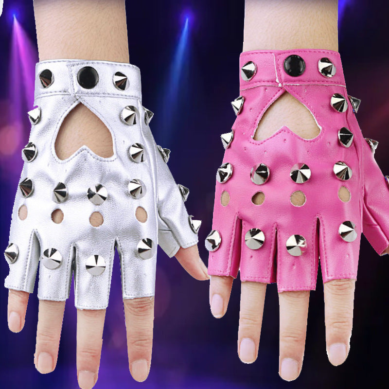 Punk Rock Fingerless Gloves With Heart Cut Out and Metal Detail Cosplay Biker Style Gloves